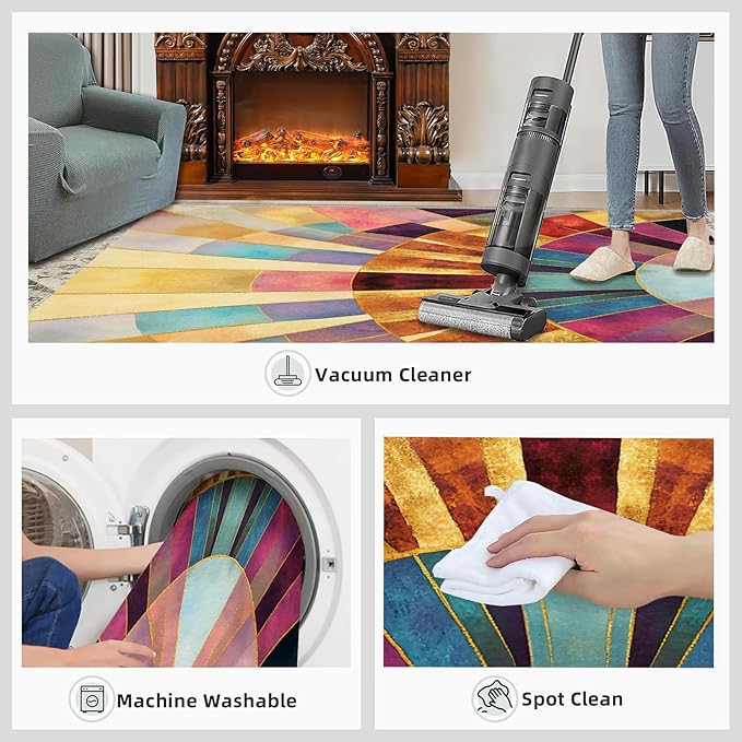 Chromatic Geometric Area Rugs 6x8ft, Abstraction Deco Living Room Area Rug, Mosaic Sunburst Play Rug with Carpet Tape Double Sided for Bedroom Office Home Decor