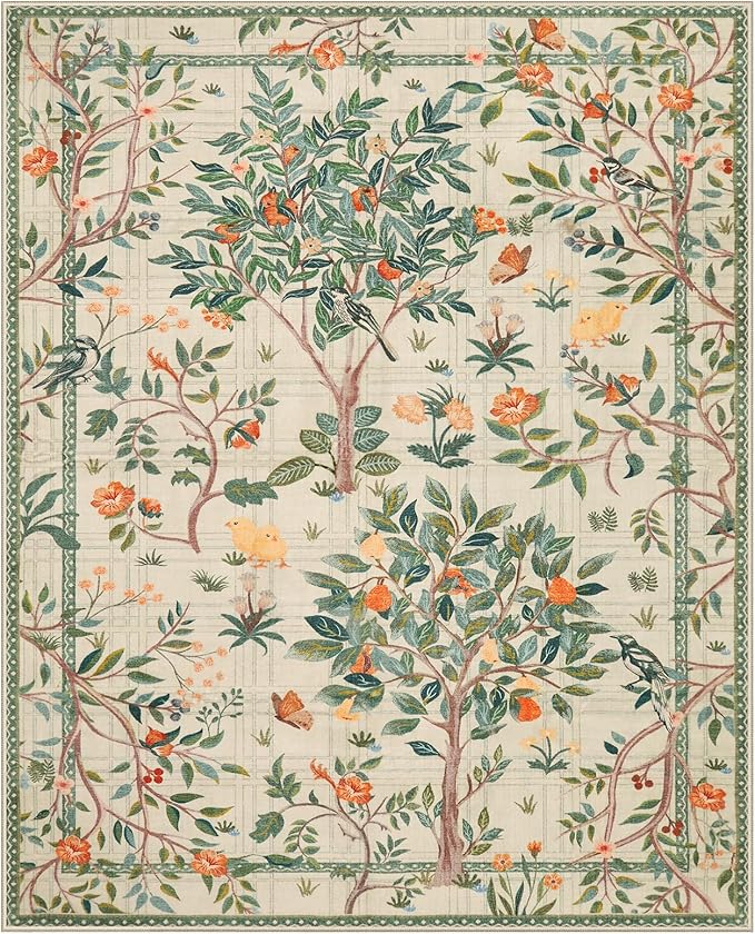 Morebes Washable 8x10 Area Rugs for Living Room, Boho Sage Green Rugs for Bedroom Non Slip, Soft Floral Indoor Floor Carpet for Dining Room Home Office Kids Playroom Foyer Nursery