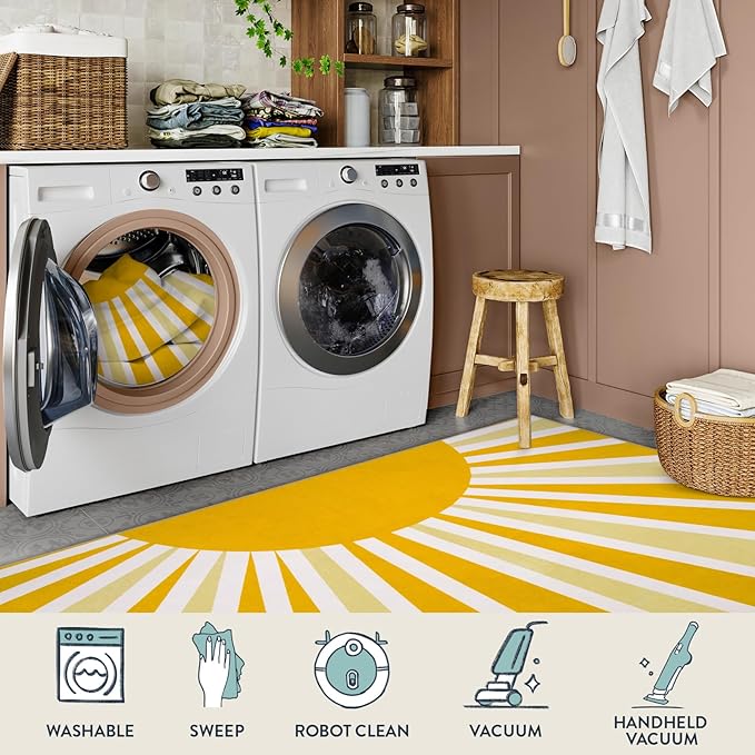 Lahome Yellow Rainbow Sun Round Rug: 4ft Washable & Non-Slip Low Pile with Cute Boho Print for Nursery, Bathroom, Bedroom, Kids Room & Dorm