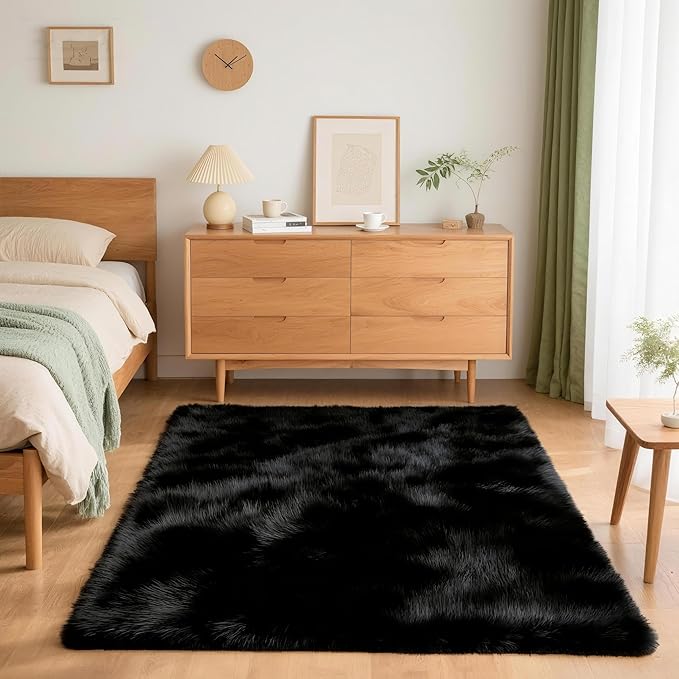 4x6 Solid Fluffy Black Area Rug – Washable, Durable, Living Room Rug, Non-Slip High Pile Shag Rugs for Bedroom, Living Room, Bedside, Dorms, Nursery Rooms, Kids Room, Soft Indoor Floor Carpet