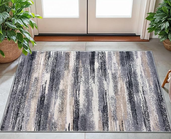 Modern Abstract Small Area Rug Indoor 3x5 Washable Rug Non-Slip Soft Entryway Rug Grey Black Multi Kitchen Mats Thin Print Faux Wool Floor Carpet Throw Rugs for Entrance Bedroom Home Decor