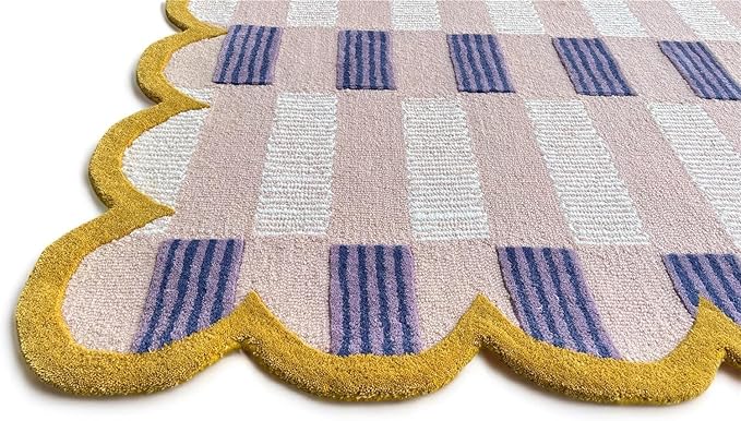 Hand-Tufted Wool Rug with Scalloped Edges, Light Blue Plaid Pattern, Cozy Soft Area Rug for Living Room, Bedroom, and Nursery, Handmade Modern Accent Rug (Pink, 9X14 FEET)
