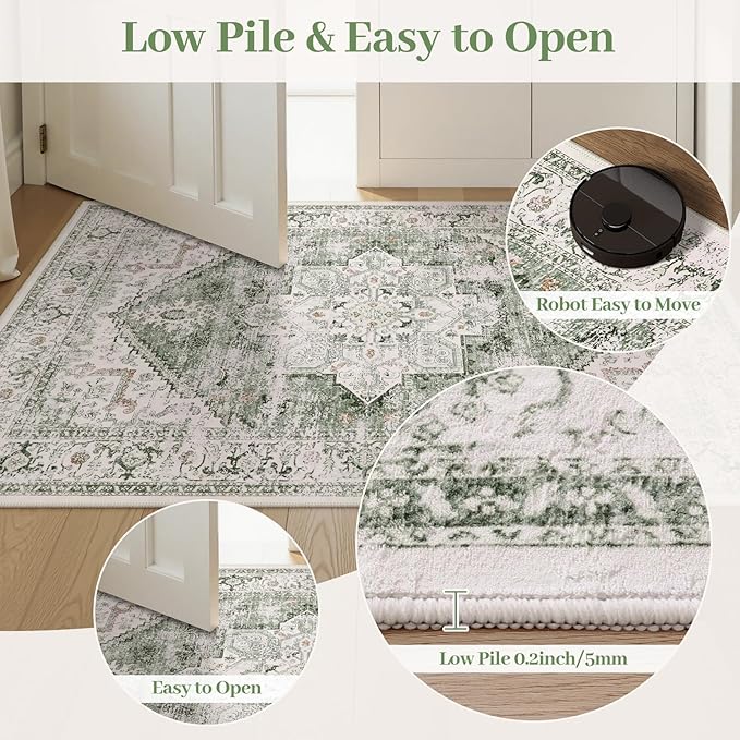 LIVEBOX 6x9 Sage Green Rug for Living Room- Large Oriental Rug for Bedroom, Non-Slip Retro Dining Room Rugs for Under Table, Low-Pile Soft Vintage Rugs for Office Guest Room