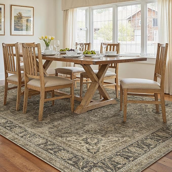 12x15 Brown Area Rug Vintage Living Room Bedroom Washable Carpet Non-Slip Soft Low Pile Distressed Extra Indoor Large Throw Rug for Dining Room Office