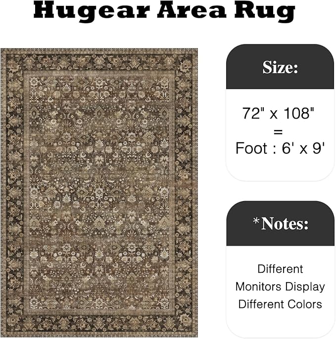 HUGEAR 6x9 Machine Washable Rugs Brown Hallway Large Area Rug Indoor Accent Rug Floral Low Pile Carpet Soft Throw Aesthetic Rug Bedroom Living Room Office Dining Room Kitchen Laundry Room