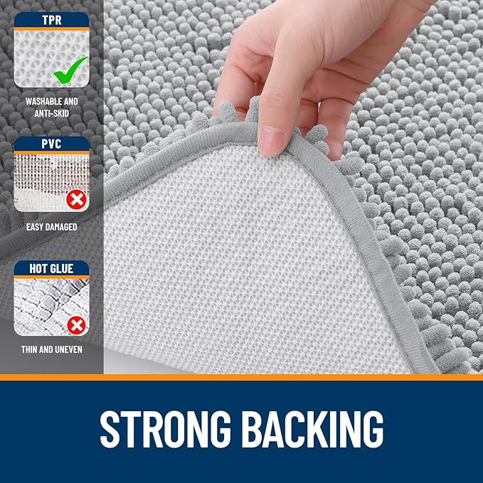 OLANLY Bathroom Rugs 47x17, Extra Soft Absorbent Chenille Bath Rugs, Rubber Backing Quick Dry, Machine Washable Bath Mats for Bathroom Floor, Tub and Shower, Home Decor Accessories, Light Grey
