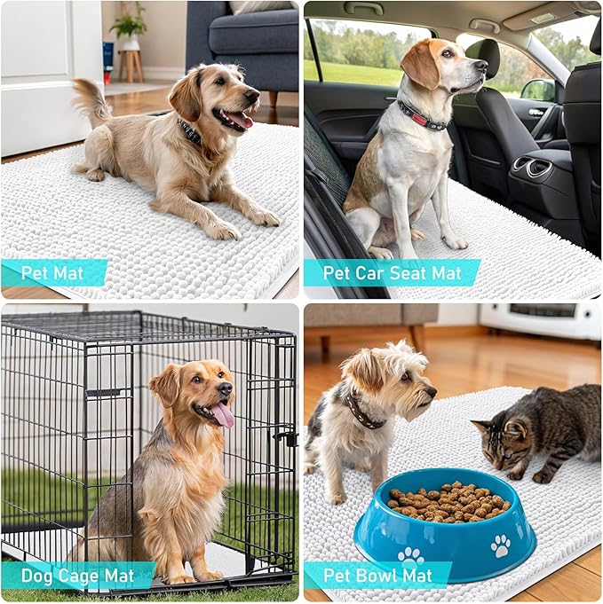 OLANLY Dog Door Mat for Muddy Paws 47x20, Absorbs Moisture and Dirt, Absorbent Non-Slip Washable Doormat, Quick Dry Chenille Mud Mat for Dogs, Entry Indoor Entryway Carpet for Inside Floor, White