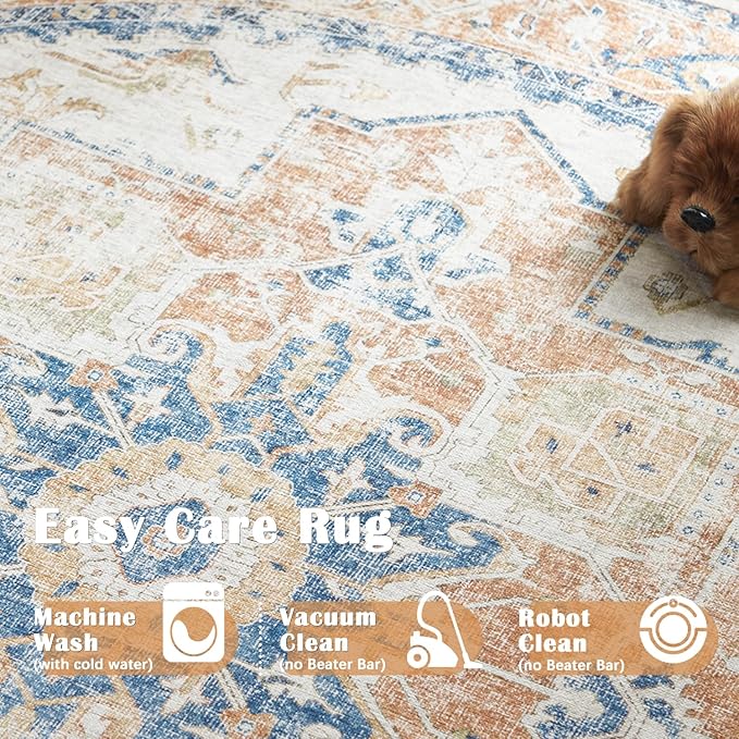 jinchan Kelda Round Rug 5ft Washable Area Rug Indoor Vintage Floor Cover Distressed Circle Mat 5' Round Lightweight Non Slip Low Pile Thin Carpet for Entryway Kitchen Living Room Bedroom Orange