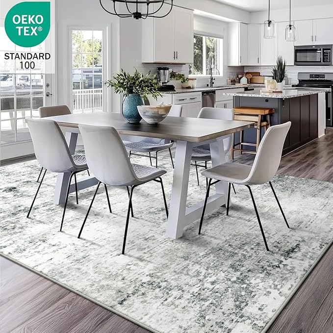 5x7 Machine Washable Area Rug for Living Room, Grey Modern Vintage Abstract Rug Large Non-Slip Low Pile Soft Faux Wool Carpet, Kids and Pets Friendly for Bedroom Dining Room Farmhouse Home Decor Rug