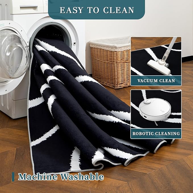 YIHOUSE Abstract Washable Rug 6x9,Ultra Thin Non Slip Black Rugs for Living Room,Modern Minimalist White Stripe Rugs for Bedroom,Dining Room Office Playroom (6'x9',Black-2)