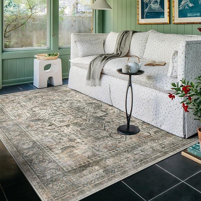 4x6 Machine Washable Area Rug for Living Room, Grey Rusty Boho Vintage Floral Rug Large Non-Slip Low Pile Soft Faux Wool Carpet, Kids and Pets Friendly for Bedroom Dining Room Farmhouse Decor Rug