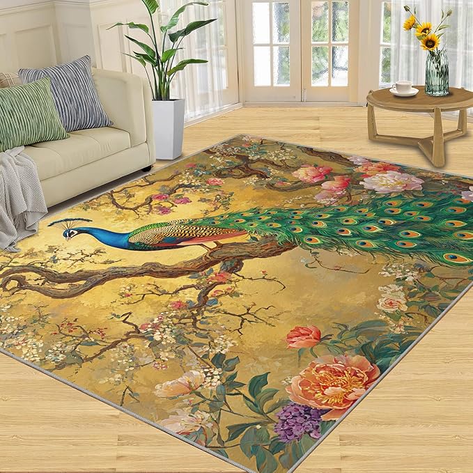 Peacock Peony Rugs for Bedroom - 5x8 Rug, Classic Peacock Peony Area Rugs for Living Room, Oriental Carpet, Floral Plant Washable Area Mat, Aesthetics Carpet - Peafowl Home Decor & Gifts