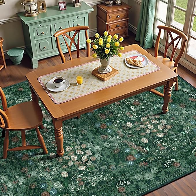 Green Dining Room Rugs for Under Table, Washable Boho Floral 6x9 Area Rug for Living Room, Bedroom, Nursery, Home Office - Vintage Distressed Low Pile Non Slip Carpet, French Country Art Deco Mat