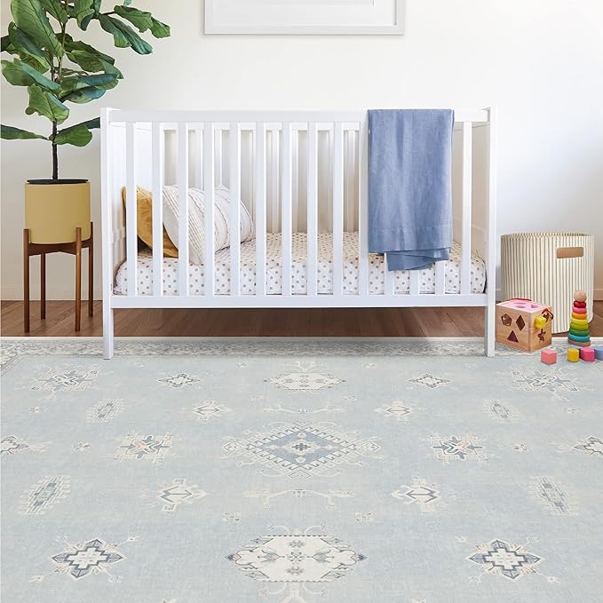 RUGGABLE Washable Vintage Area Rug – Verena Soft Blue 8x10, Stain-Resistant, Non-Slip – Large Machine Washable Rugs for Living Room, Bedroom, Hallway, Entryway & Office–with Cushioned Pad