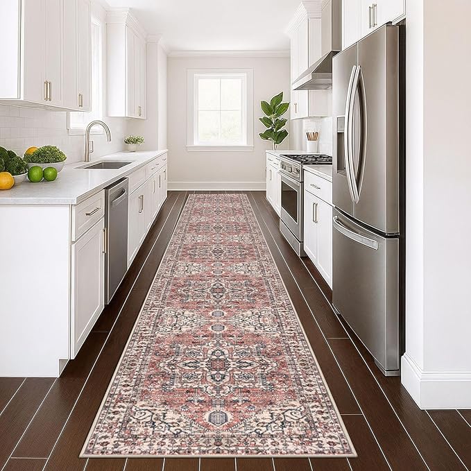 KOZYFLY Runners for Hallways 3x16 Ft Extra Long Washable Faux Wool Thin Hallway Rug Printed Carpet for Entryway Bedroom Staircase Kitchen Laundry Room Floor Decor, Terracotta/Beige