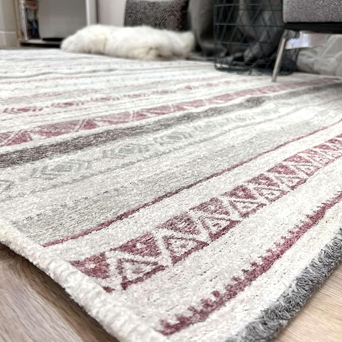 Alfa Rich 7x10 Mauve Off White Washable Area Rugs for Living Room Bedroom Kitchen Decor Cotton Rug