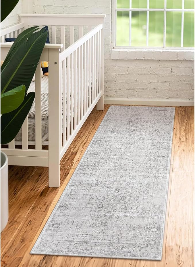LIVEBOX 2x6 Washable Runner Rug - Kitchen Rug Runner Entryway Rugs, Low-Pile Vintage Grey Rugs for Bedroom, Non-Skid Soft Carpet for Bathroom Hallway