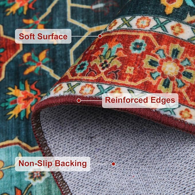 WILLSUN Washable Area Rugs, 2x3 Non-Slip Boho Small Area Rugs for Entryway, Kitchen, Bathroom, Machine Washable Vintage Rug, Indoor Floral Print Carpet for Home Decor, Kid & Pet Friendly Mat