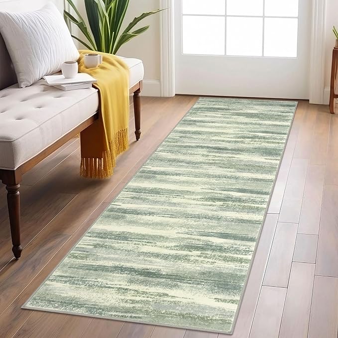 Modern Abstract Runner Rug 2x6, Sage Green Grey Washable Entryway Runner Non-Slip Soft Hallway Rug Runner Thin Print Faux Wool Carpet for Kitchen Bedroom Laundry Room Indoor