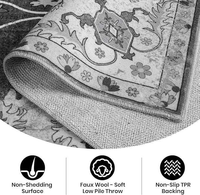 Area Rug 5x7, Washable Faux Wool Throw Rugs for Living Room, 0.3″ Non Slip Low Pile Vintage Boho Carpet for Ding Room, Home Office, Bedroom, Kids Room, Bedside (Black)