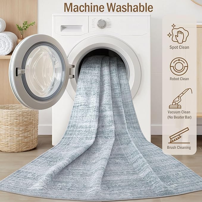 6x9 Area Rugs Living Room: Washable Large Vintage Blue Rug Neutral Non-Slip Soft Stain Resistant Indoor Carpet for Bedroom Nursery Dining Room Under Table Bed Home House Office Playroom