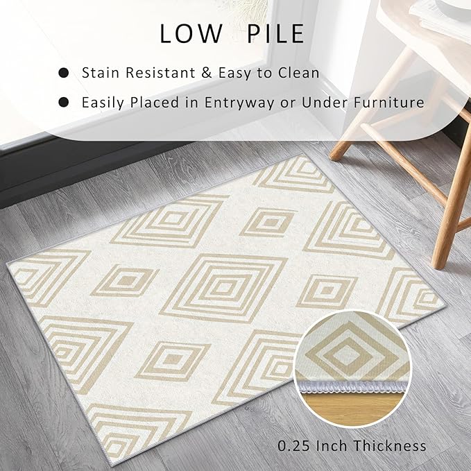 Washable 5x8 Modern Geometric Rug Living Room, Beige Abstract Diamond Design Area Rugs for Bedroom, Modern Geometric Home Decor Carpet, Low Pile, Non Slip, Kids & Pet Friendly (N4182)