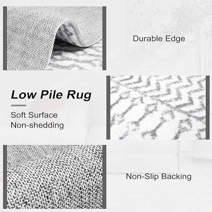 Moroccan Washable Runner Rug, 2x5 Ultra Soft Non-Slip Hallway Rug, Low Pile Distressed Gray Bathroom Rugs Carpet Runner for Entryway Kitchen Bedroom Laundry Room