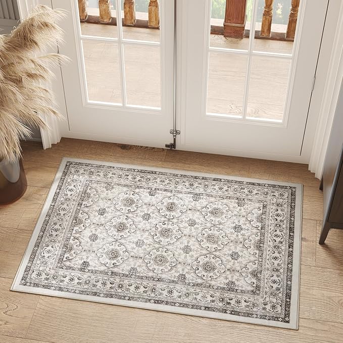 jinchan Floral 2x3 Rugs for Entryway - Machine Washable Beige Vintage Distressed Boho Design Soft Faux Wool Small Non-Slip Doormat for Entrance Kitchen Living Room Bedroom Farmhouse (2‘x3', Beige)