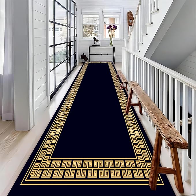 Modern Geometric Meandering Throw Carpet Runner for Entrance, 3.3x7ft, Orange Geometric Design Carpets for Entryway, Navy Blue Background Cozy Foldable Dirty Resistant Rug for Sofa Office