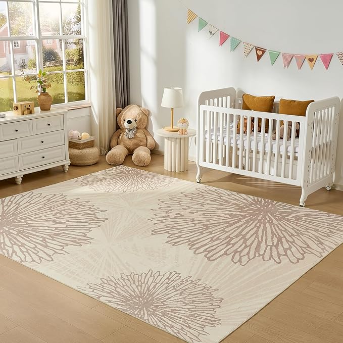 WITSHOCK 7x10 Area Rugs for Living Room: Beige Floral Washable Rugs for Bedroom Dining Room Office Nursery Modern Non-Slip Stain Resistant Low Pile Home Decor（Beige/Brown,7'x10'）