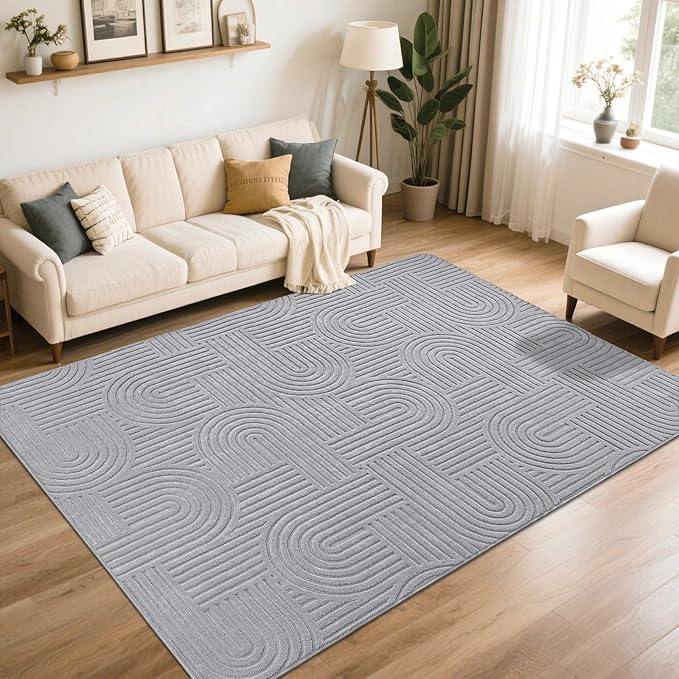 SHACOS Soft Cozy Fluffy Arch Pattern High Low Pile Area Rugs 6'x9' Large Non Slip Washable Modern Geometric Rug Scandinavian Minimalist Carpet for Living Room Bedroom Dining Room, Light Grey