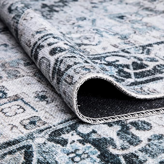 Bloom Rugs Washable Non-Slip 2x3 Rug - Denim Blue Traditional Oriental Area Rug for Living Room, Bedroom, Dining Room, and Kitchen - Exact Size: 2' x 3'