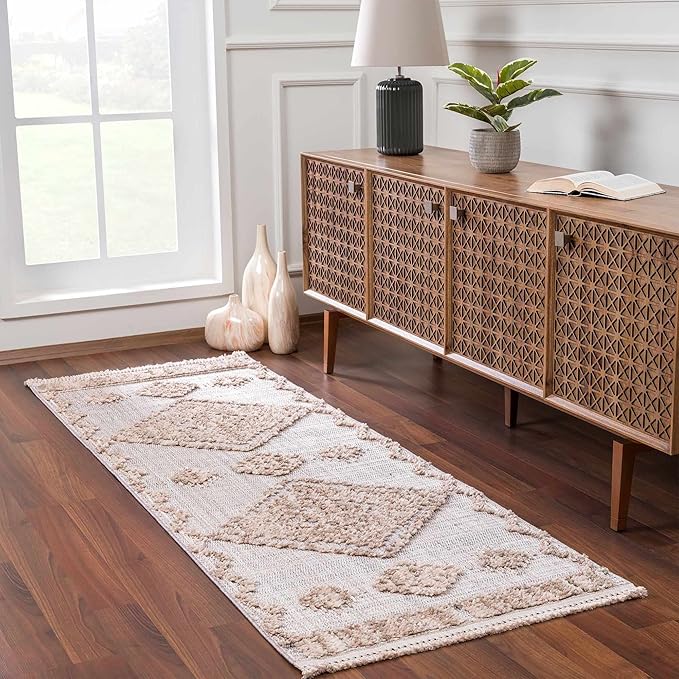 Hauteloom Ampusungan Modern Moroccan Medallion Farmhouse Living Room, Bedroom Area Rug - High Low - High Pile Carpet - Cream, Beige, Brown, Beige - 7'10" x 10'