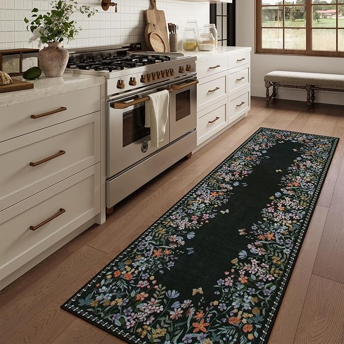 Lahome Boho Floral 2'6"x8 Black Washable Hallway Kitchen Runner Rug, Non Skid Bathroom Carpet Runner, Soft Non-Slip Rug Runners for Entryway Laundry Bedroom(2'6"x8ft,Black)