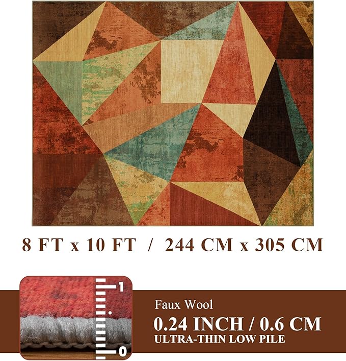 YIHOUSE Brown Area Rug 8x10,Geometric Burnt Orange Area Rug Non Slip,Farmhouse Rugs Washable,Vintage Burgundy Carpets for Bedroom, Boho Rug for Kitchen,Dining Room