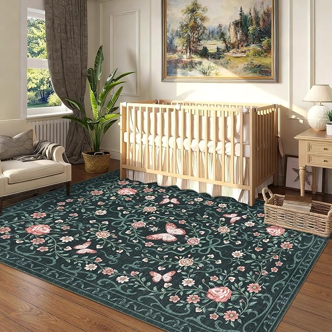 GarveeHome Washable Floral Area Rug 5x7 for Living Room Non Slip Bedroom Rug Soft Stain Resistant Large Dining Room Throw Carpet Low Pile Black Bow Rugs Butterfly Flower Carpet for Nursery Entry, 5x7