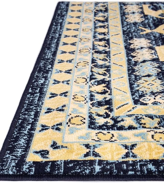 Unique Loom Taftan Collection Border Geometric Tribal Inspired Design Area Rug (7' 0 x 10' 0 Rectangular, Navy Blue/ Gold)