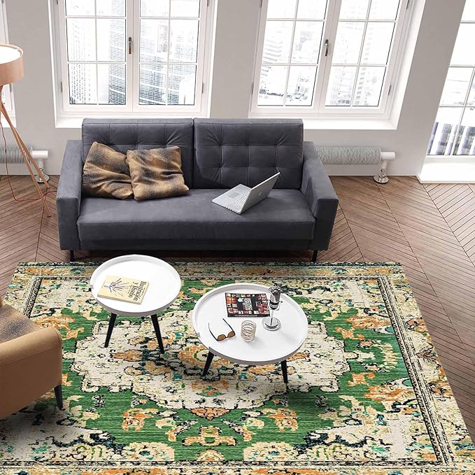 Bohemian Pattern Rectangular Area Rugs for Living Room Bedroom 2.8 x 5 ft Green & Orange Abstract Non-Shedding Soft Low Pile Rug Non Slip Washable Rug for Nursery Entryway Playroom