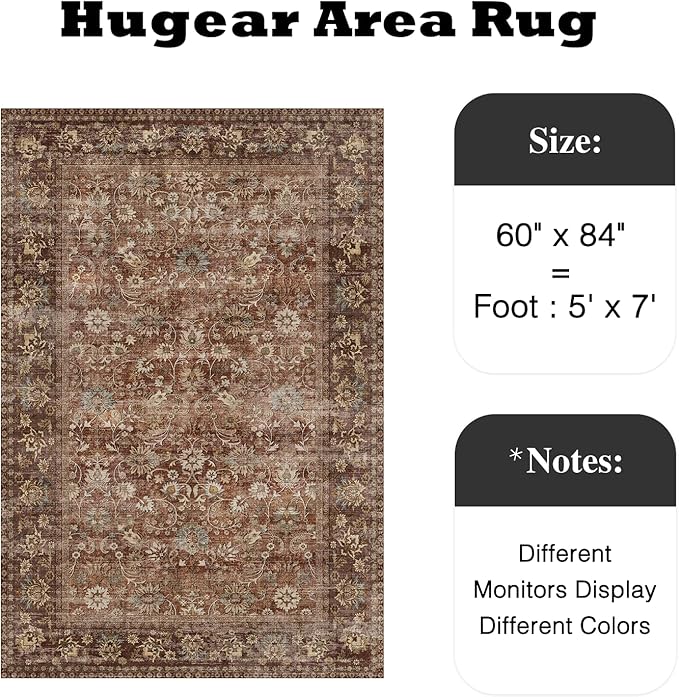 HUGEAR 5x7 Machine Washable Rugs Brick Red Hallway Area Rug Indoor Accent Rug Floral Low Pile Carpet Soft Throw Aesthetic Rug Bedroom Living Room Office Dining Room Kitchen Laundry Room Non Slip