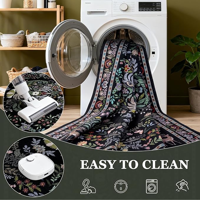 8x10 Area Rugs Living Room Rug: Vintage Washable Rug Floral Soft Carpet Indoor Floor Non-Slip Boho Stain Resistant Large Carpets for Bedroom Kids Nursery Dining Room Farmhouse Home Office Black