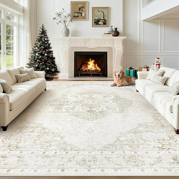 8x10 Area Rugs Washable Rugs for Living Room, Large Vintage Boho Rug Non-Slip Soft Floral Distressed Rug Low Pile Stain Resistant Carpet for Bedroom Nursery Office Dining Room Farmhouse(Beige, 8'x10')