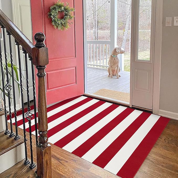 KOZYFLY Red White Striped Outdoor Rug 3x5 Ft Woven Christmas Area Rug Washable Front Door Rugs for Front Porch Kitchen Entryway Patio Dining Room Holiday Decor