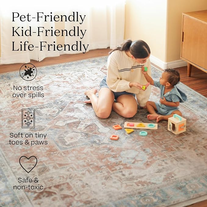 RUGGABLE Washable Vintage Runner Rug – Verena Teal Blue 2.5x10, Stain-Resistant, Non-Slip Hallway Runner – Machine Washable Rug for Hallway, Entryway, Living Room & Kitchen–with Cushioned Pad