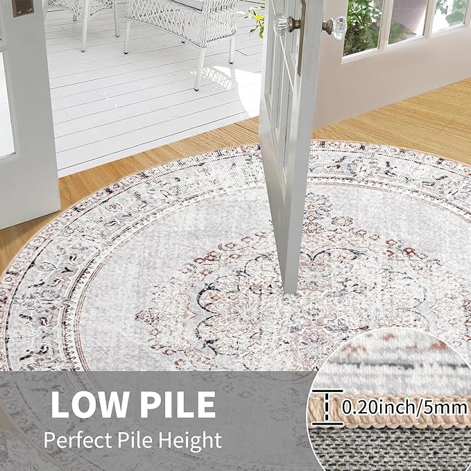 Easy-Going Round Rug 6ft Area Rug Washable Boho Circle Rugs for Living Room Non-Slip Bedroom Rug Low Pile Lightweight Vintage Distressed Throw Rug for Dining Room Kitchen Home Office, Grey Brick