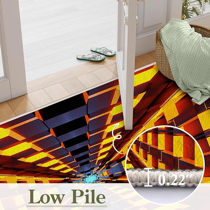 3D Abstract Grid Area Rug, 4x5ft, Visual Illusion Realistic Cave Indoor Carpets, Orange Three Dimensional Pattern Floor Mat, Easy Clean Breathable Washable Rugs for Indoor Family