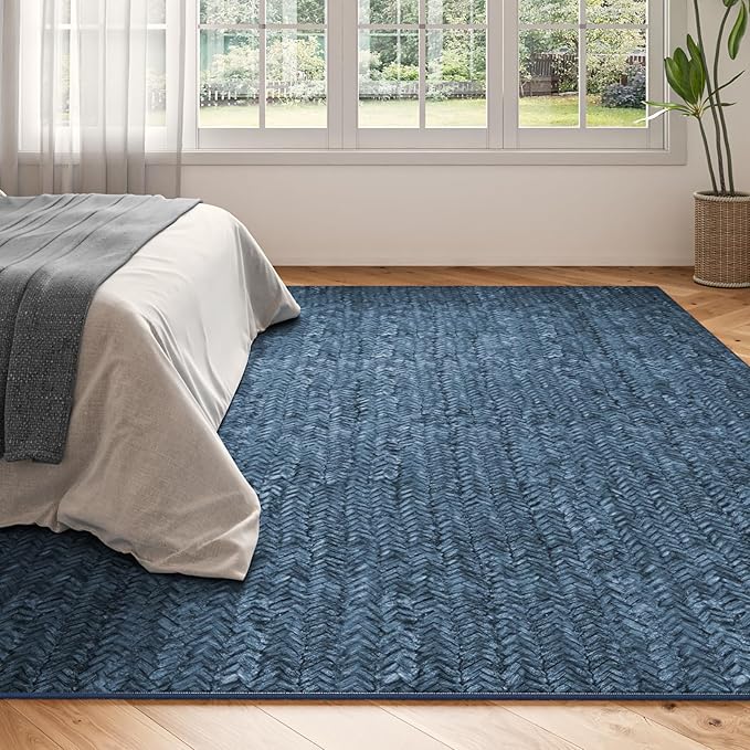 Eleisa Modern Vintage 6x9 Herringbone Chevron Area Rug for Living Room, Blue, Non-Slip Stain Resistant Washable Rug, Farmhouse Home Decor Carpet for Bedroom, Kitchen, Dining Room