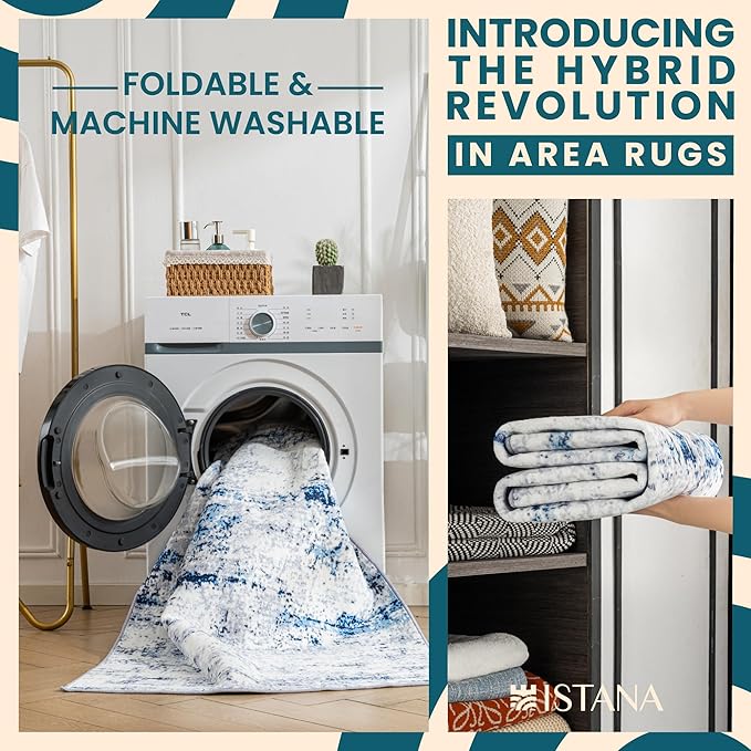 Istana Living Room Rug 10x14 - Blue/White 10 x 14 Area Rug - Foldable Machine Washable Area Rugs 10x14 - Stylish 10x14 Area Rugs Boho - Stain Resistant Washable Rug 10x14
