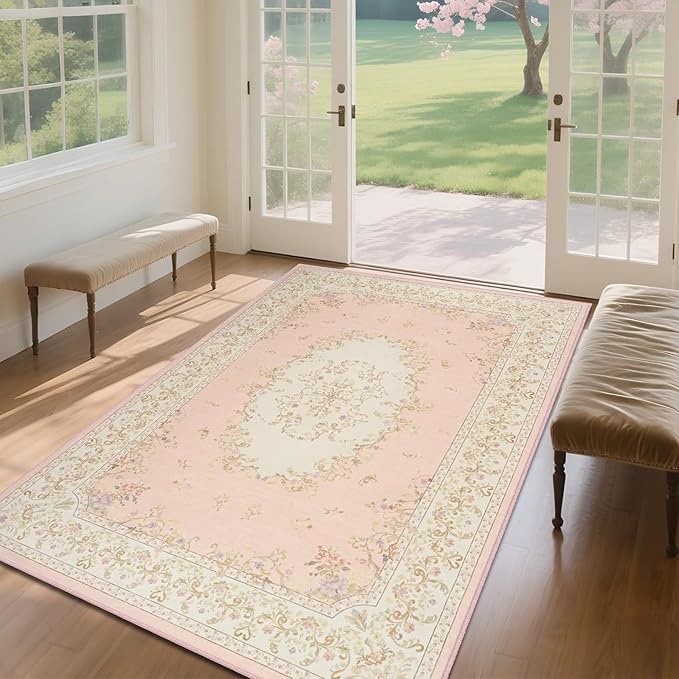 Nursery Rug for Baby Girl, Cute Pink 4x6 Area Rugs for Bedroom Non Slip, Floral Washable Soft Faux Wool Carpet for Living Room Dorm Kids Playroom Office Kids Playroom