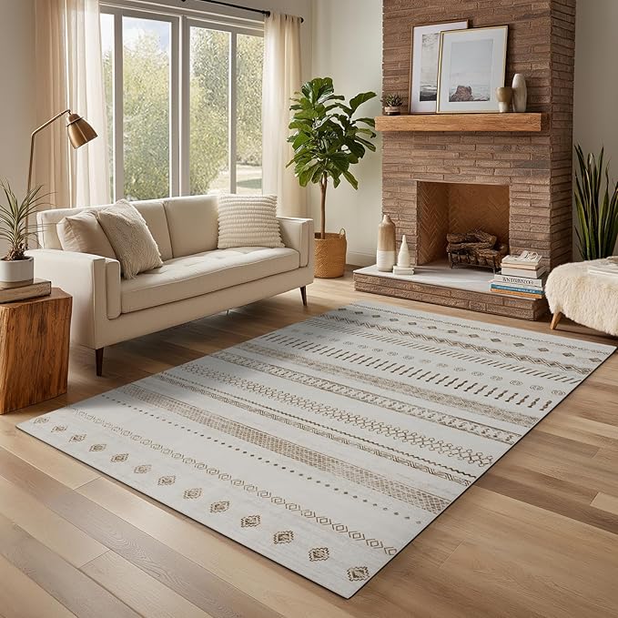 Washable 6x9 Area Rug for Living Room, Boho Carpet for Bedroom Dining Room, Non Slip&Non-Shedding Resistant Low Pile Vintage Print Rug for Home Office (Beige)