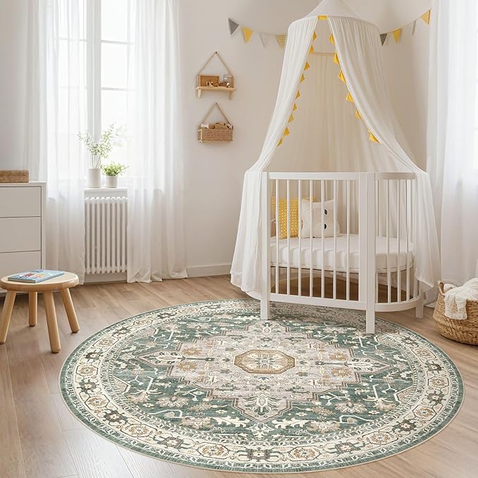Round Rug Living Room Rugs: 8x8 Washable Boho Neutral Large Circle Soft Indoor Distressed Stain Resistant Floor Farmhouse Carpet for Bedroom Nursery Kids Playroom Office Dining Room Dorm- Green